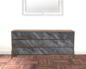 Homeroots 63" Walnut And Grey Faux Marble Wood Six Drawer Double Dresser  Manufactured Wood 473111