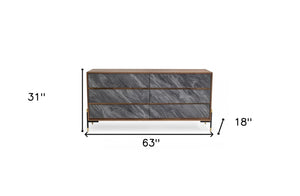 Homeroots 63" Walnut And Grey Faux Marble Wood Six Drawer Double Dresser  Manufactured Wood 473111