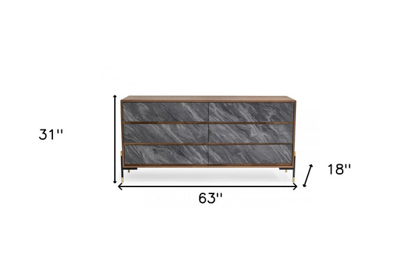 Homeroots 63" Walnut And Grey Faux Marble Wood Six Drawer Double Dresser  Manufactured Wood 473111
