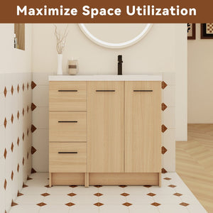 English Elm 36" Floating Bathroom Vanity Light Oak Modular Cabinet with Gel Coat Integrated Sink W3450S00104