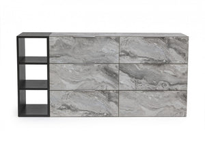 Homeroots 63" Grey Faux Marble And Black Wood Six Drawer Double Dresser  Manufactured Wood 473112