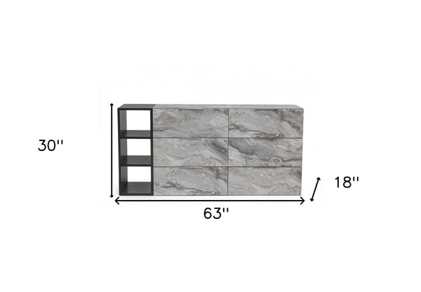Homeroots 63" Grey Faux Marble And Black Wood Six Drawer Double Dresser  Manufactured Wood 473112