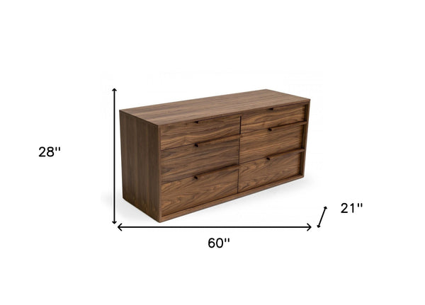 Homeroots 60" Walnut Manufactured Wood Six Drawer Double Dresser  Manufactured Wood 473113