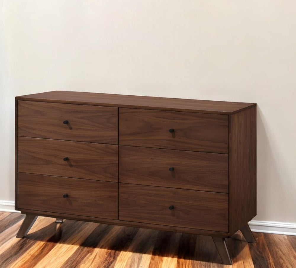 Homeroots 51" Walnut Solid Wood Six Drawer Double Dresser  Solid Wood 473115