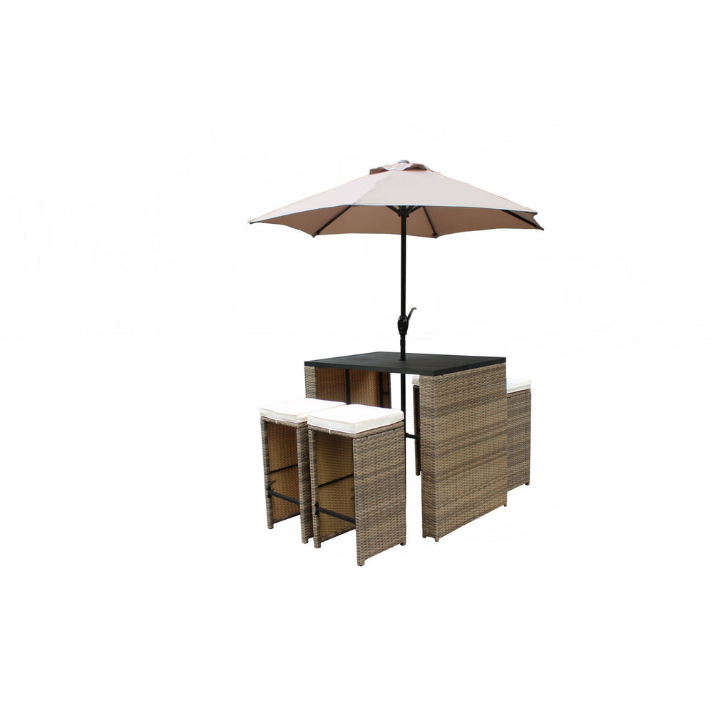 Homeroots Six Piece Brown And Tan Faux Wicker Outdoor Bar Height Table Set With Umbrella And Stools  Aluminum 473133