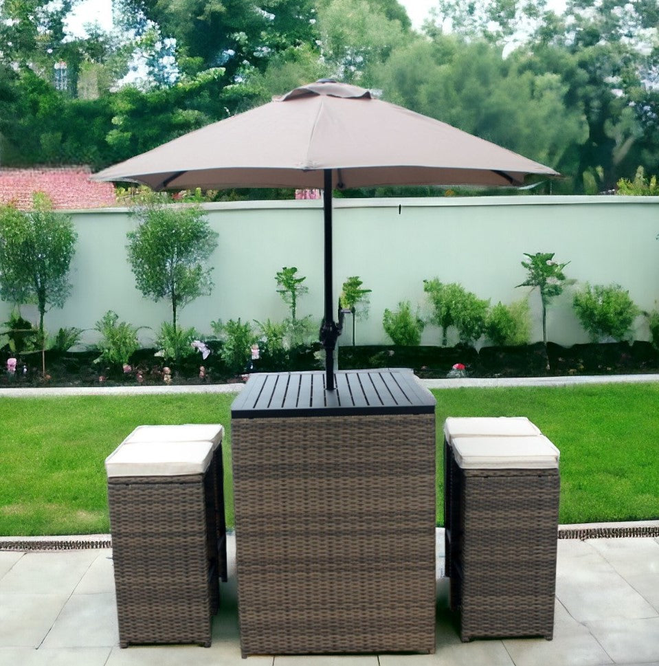 Homeroots Six Piece Brown And Tan Faux Wicker Outdoor Bar Height Table Set With Umbrella And Stools  Aluminum 473133