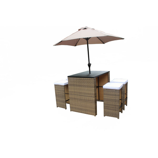 Homeroots Six Piece Brown And White Faux Wicker Outdoor Bar Height Table Set With Umbrella And Stools White Aluminum 473134