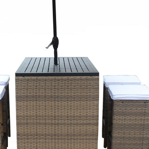 Homeroots Six Piece Brown And White Faux Wicker Outdoor Bar Height Table Set With Umbrella And Stools White Aluminum 473134