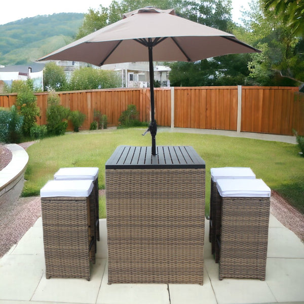 Homeroots Six Piece Brown And White Faux Wicker Outdoor Bar Height Table Set With Umbrella And Stools White Aluminum 473134