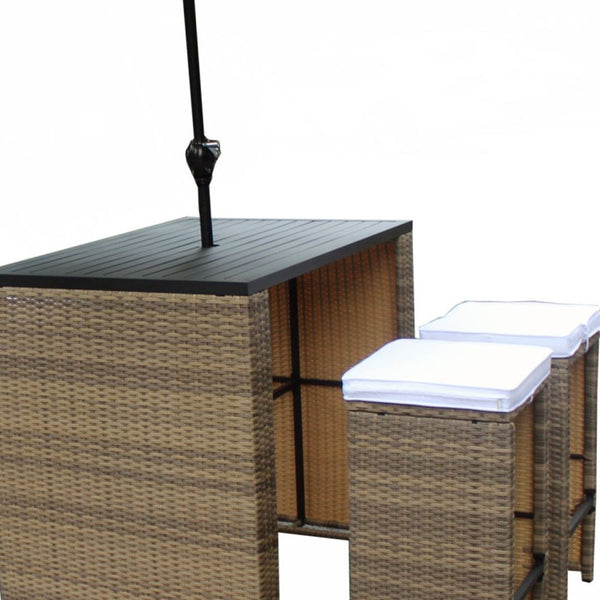 Homeroots Six Piece Brown And White Faux Wicker Outdoor Bar Height Table Set With Umbrella And Stools White Aluminum 473134