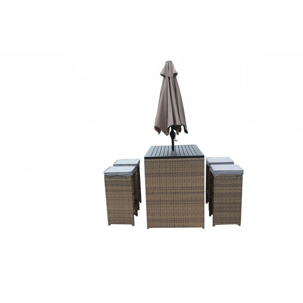 Homeroots Six Piece Brown And Gray Faux Wicker Outdoor Bar Height Table Set With Umbrella And Stools Grey Aluminum 473135