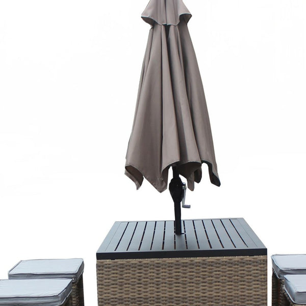 Homeroots Six Piece Brown And Gray Faux Wicker Outdoor Bar Height Table Set With Umbrella And Stools Grey Aluminum 473135