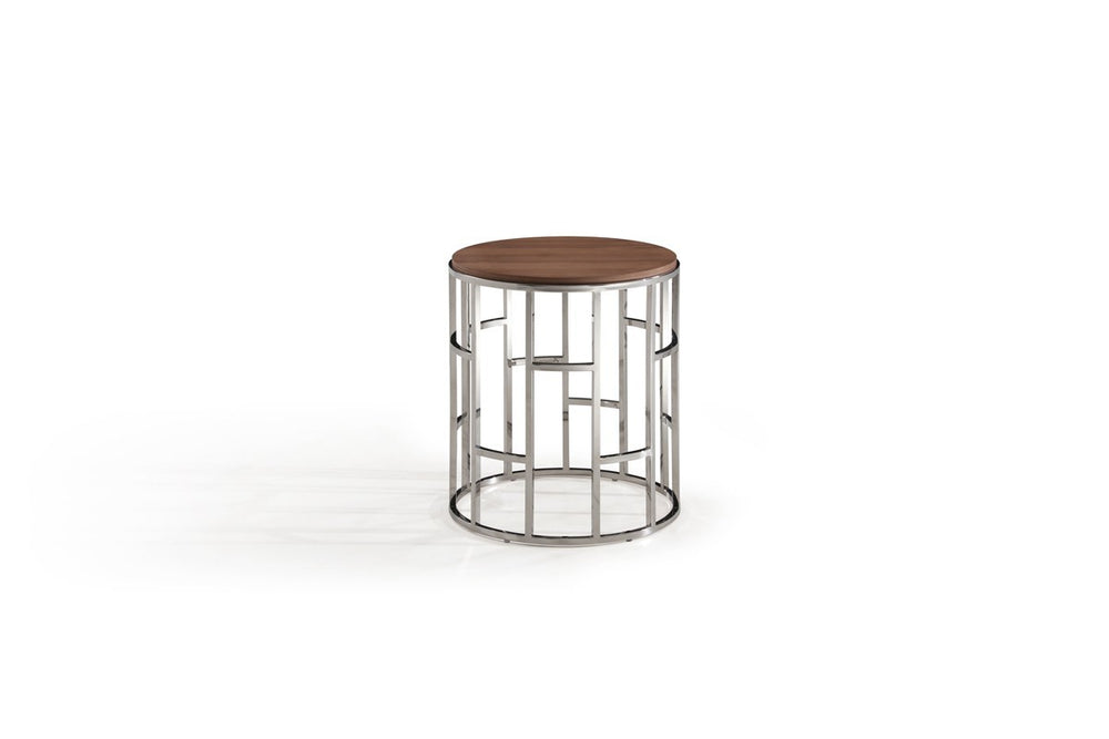 Homeroots Stylish Silver And Walnut Round Geometric End Or Side Table   473137