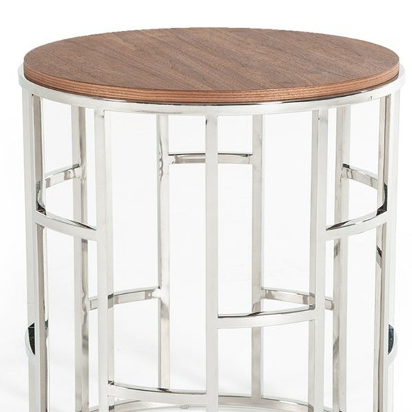 Homeroots Stylish Silver And Walnut Round Geometric End Or Side Table   473137
