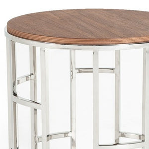 Homeroots Stylish Silver And Walnut Round Geometric End Or Side Table   473137