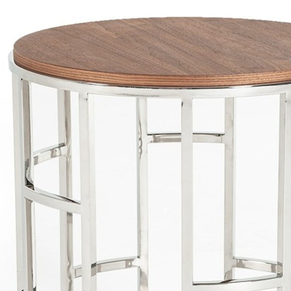 Homeroots Stylish Silver And Walnut Round Geometric End Or Side Table   473137