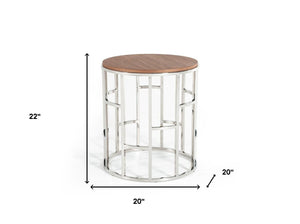 Homeroots Stylish Silver And Walnut Round Geometric End Or Side Table   473137