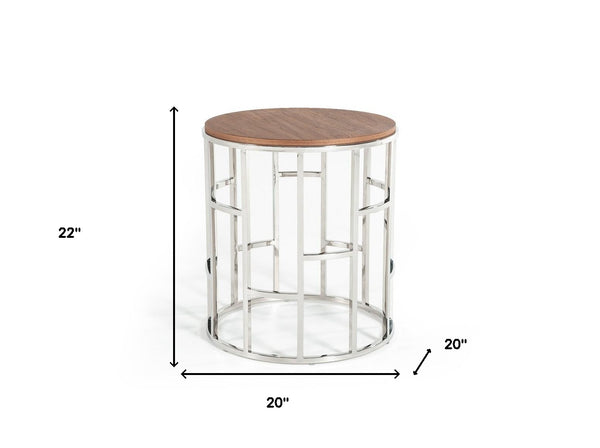 Homeroots Stylish Silver And Walnut Round Geometric End Or Side Table   473137