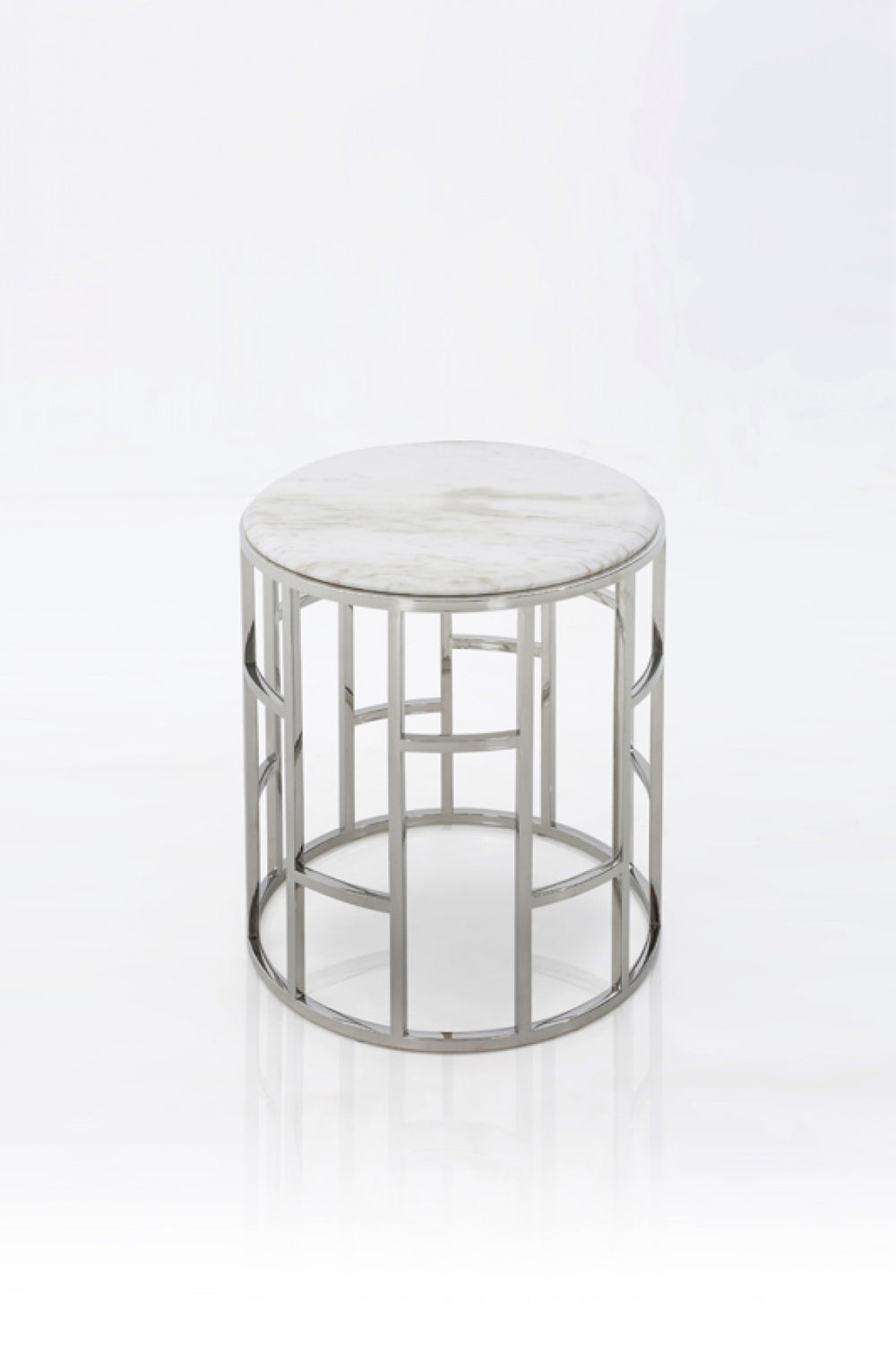 Homeroots Stylish Silver And White Marble Round Geometric End Or Side Table   473138