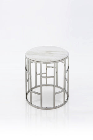 Homeroots Stylish Silver And White Marble Round Geometric End Or Side Table   473138