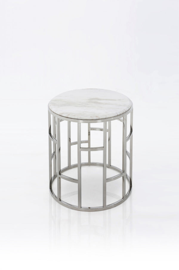 Homeroots Stylish Silver And White Marble Round Geometric End Or Side Table   473138