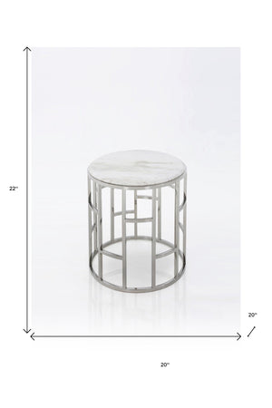 Homeroots Stylish Silver And White Marble Round Geometric End Or Side Table   473138