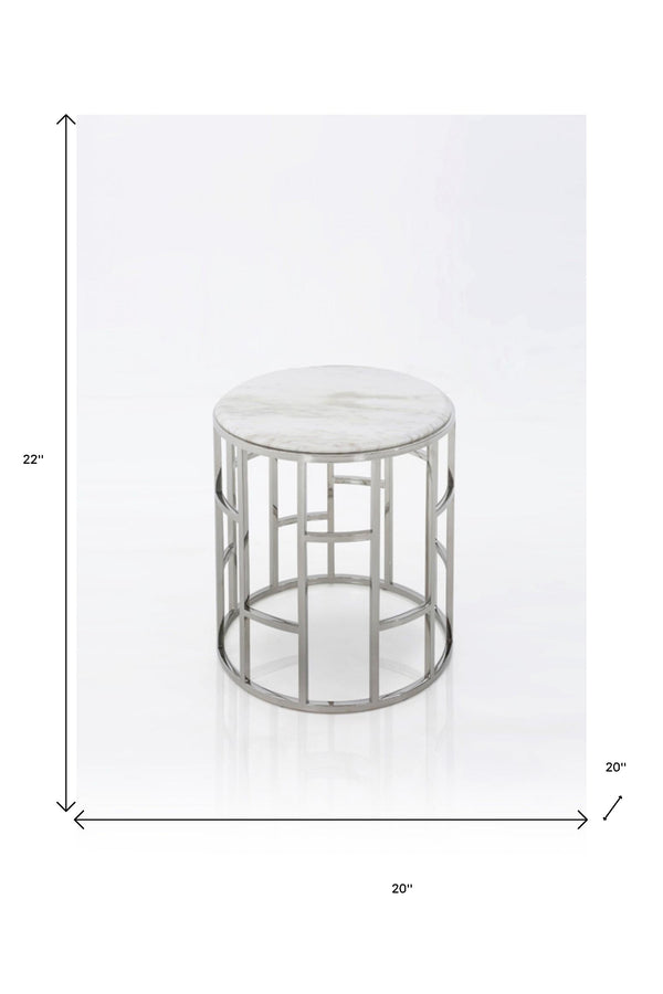 Homeroots Stylish Silver And White Marble Round Geometric End Or Side Table   473138