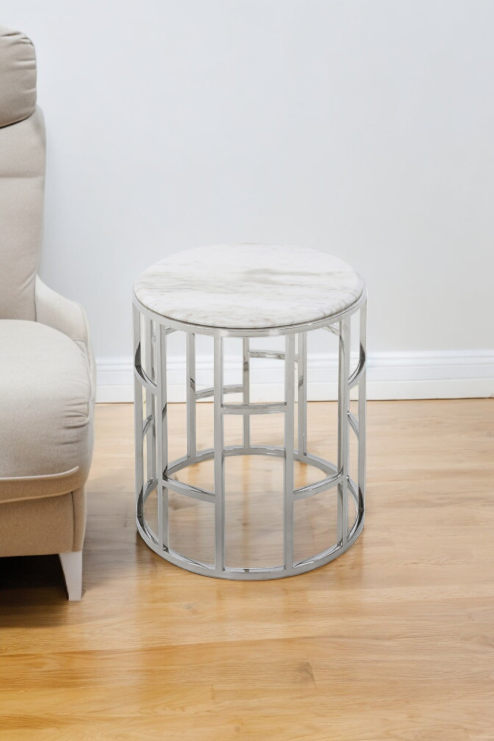 Homeroots Stylish Silver And White Marble Round Geometric End Or Side Table   473138