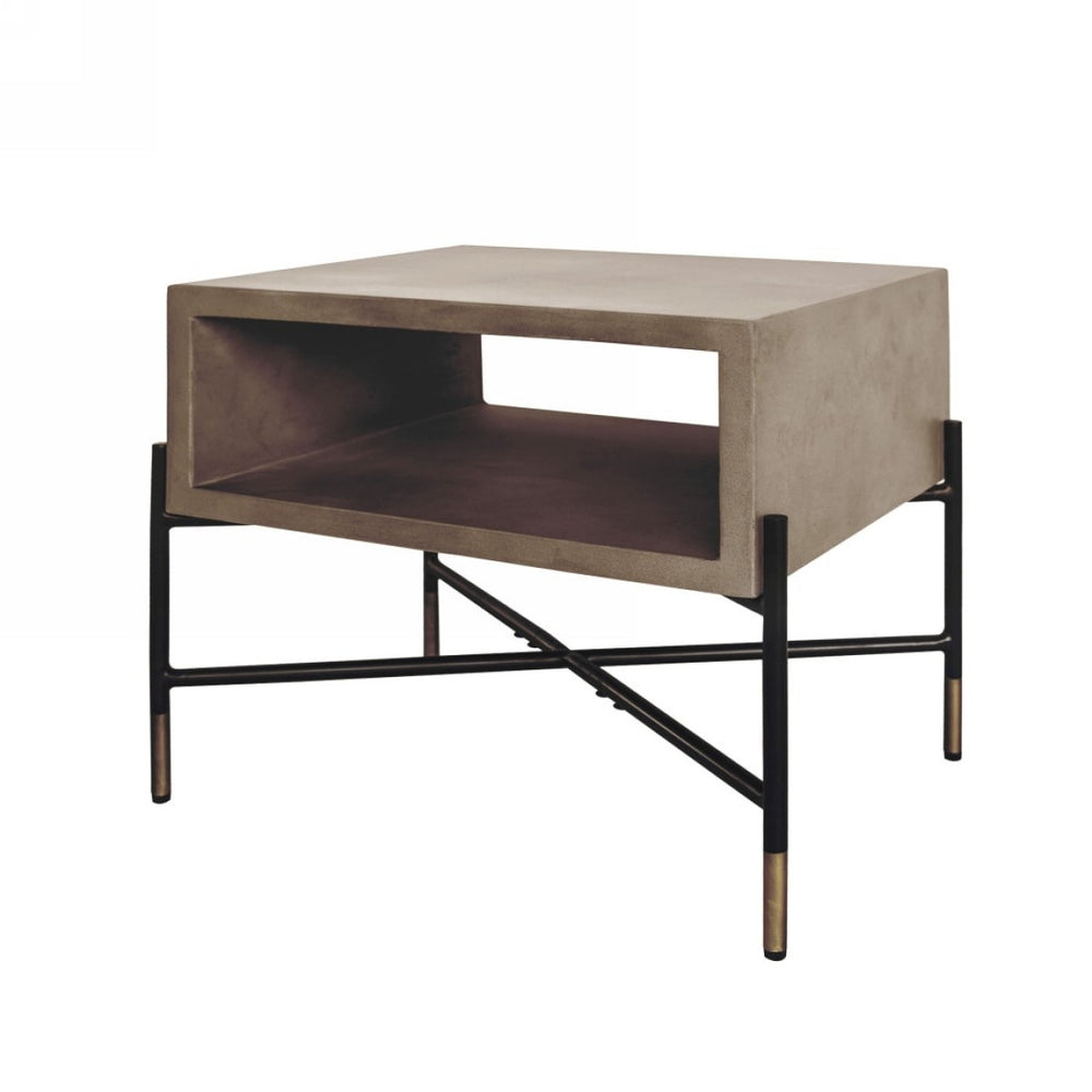 Homeroots Gray Concrete And Black Metal Open Industrial End Table   473140