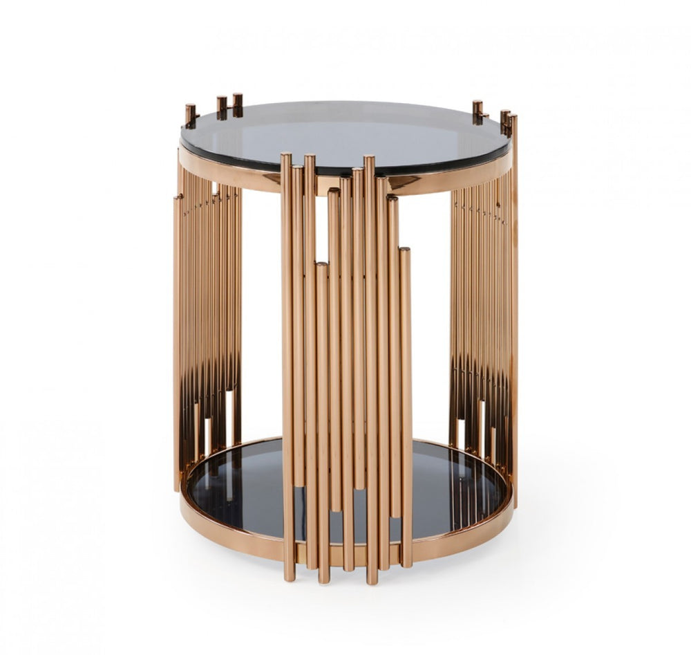 Homeroots 20" Rosegold And Black Glass And Stainless Steel Round End Table With Shelf   473152