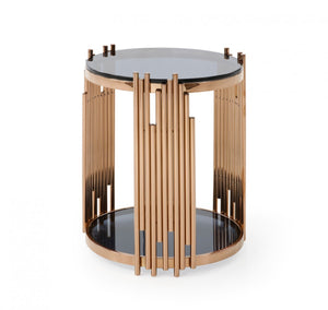 Homeroots 20" Rosegold And Black Glass And Stainless Steel Round End Table With Shelf   473152