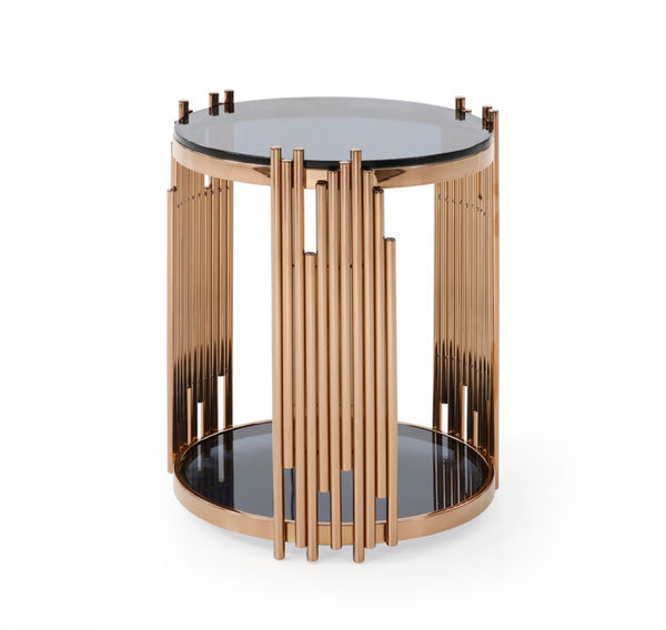 Homeroots 20" Rosegold And Black Glass And Stainless Steel Round End Table With Shelf   473152