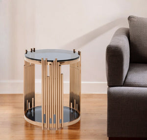 Homeroots 20" Rosegold And Black Glass And Stainless Steel Round End Table With Shelf   473152
