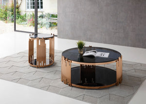 Homeroots 20" Rosegold And Black Glass And Stainless Steel Round End Table With Shelf   473152