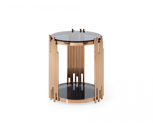 Homeroots 20" Rosegold And Black Glass And Stainless Steel Round End Table With Shelf   473152