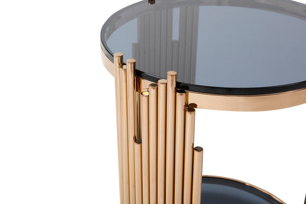 Homeroots 20" Rosegold And Black Glass And Stainless Steel Round End Table With Shelf   473152
