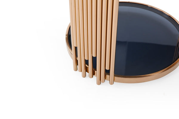 Homeroots 20" Rosegold And Black Glass And Stainless Steel Round End Table With Shelf   473152