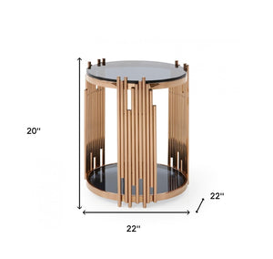 Homeroots 20" Rosegold And Black Glass And Stainless Steel Round End Table With Shelf   473152