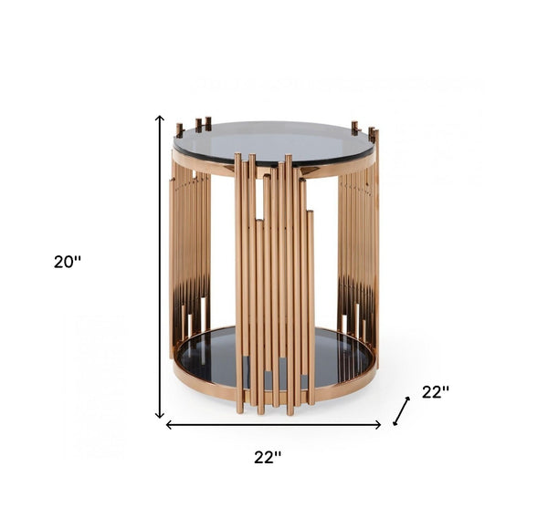 Homeroots 20" Rosegold And Black Glass And Stainless Steel Round End Table With Shelf   473152