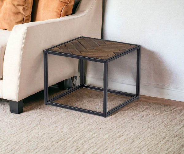 Homeroots Modern Rustic Brown And Black Chevron Wood And Metal End Table   473157