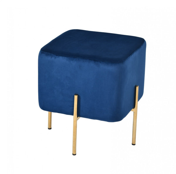 Homeroots 16" Blue Velvet And Gold Cube Ottoman   473163