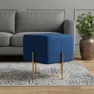 HomeRoots 16" Blue Velvet Cube Ottoman with Gold Legs – Chic, Versatile Accent for Modern Living Spaces 473163