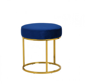 Homeroots 16" Blue Velvet And Gold Round Footstool Ottoman   473164