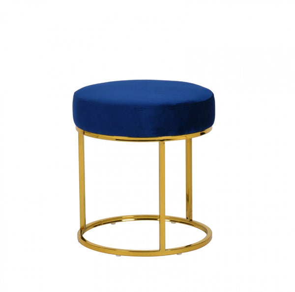 Homeroots 16" Blue Velvet And Gold Round Footstool Ottoman   473164
