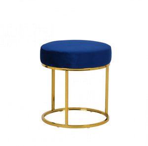 Homeroots 16" Blue Velvet And Gold Round Footstool Ottoman   473164