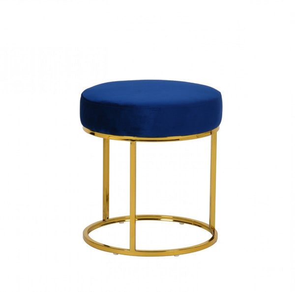 Homeroots 16" Blue Velvet And Gold Round Footstool Ottoman   473164