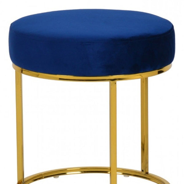 Homeroots 16" Blue Velvet And Gold Round Footstool Ottoman   473164