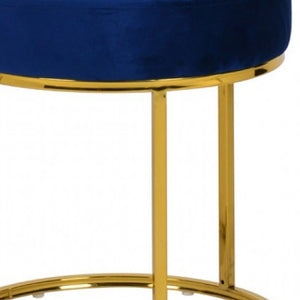 Homeroots 16" Blue Velvet And Gold Round Footstool Ottoman   473164