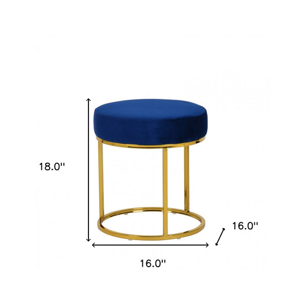 Homeroots 16" Blue Velvet And Gold Round Footstool Ottoman   473164