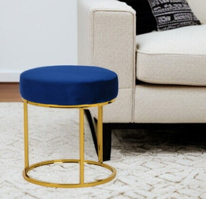 HomeRoots 16" Blue Velvet Round Footstool Ottoman with Gold Base – Chic Accent, Extra Seat, Ready to Use! 473164